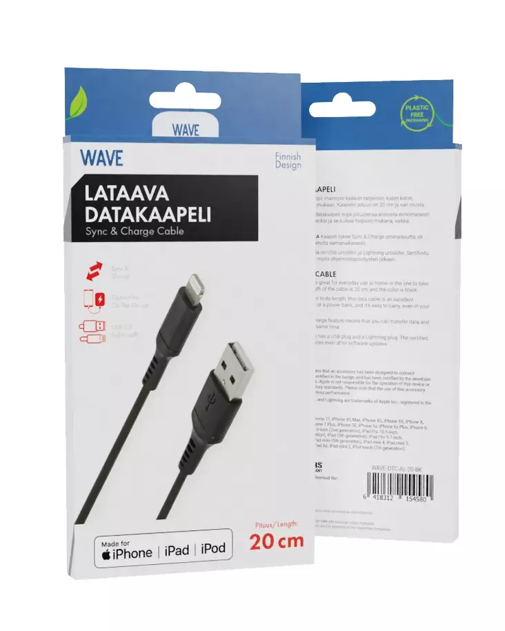WAVE 20 CM LIGHTNING-KAAPELI, MUSTA - Lataus- ja datakaapelit - 6418312154580 - 1