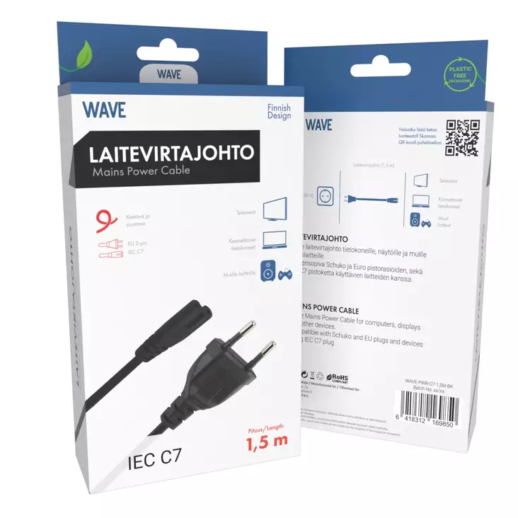 WAVE LAITEVIRTAJOHTO IEC C7 1.5 M, MUSTA - Kannettavan tietokoneen laturit - 6418312169850 - 1