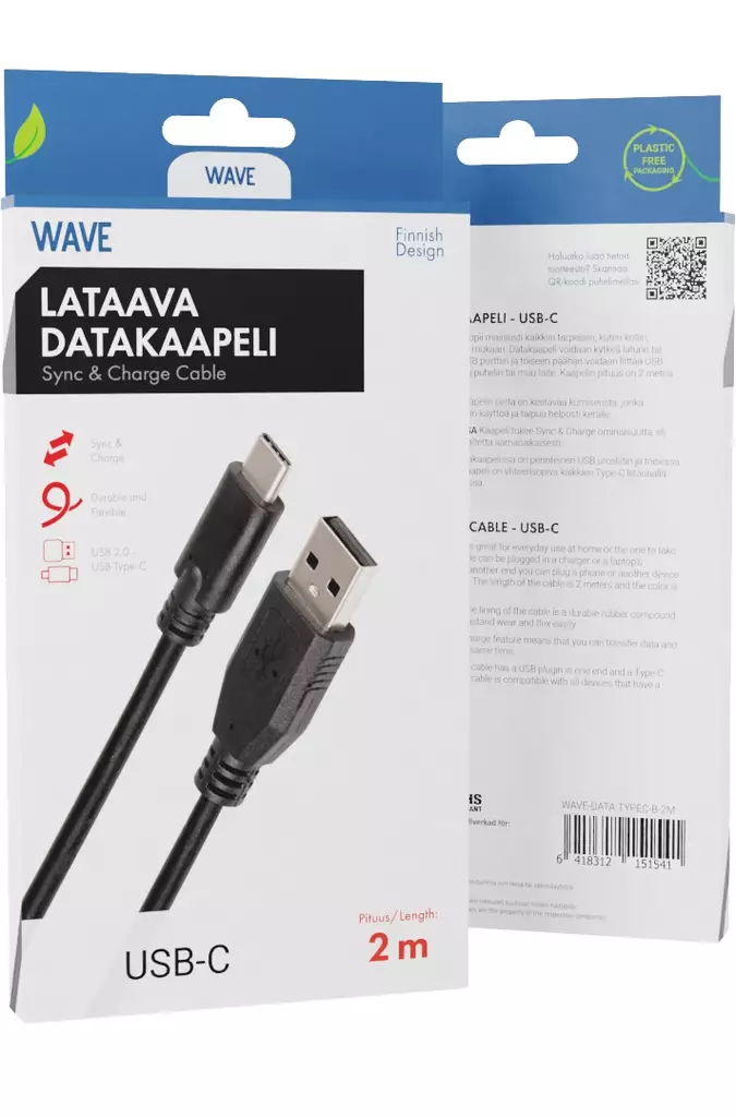 WAVE LATAAVA DATAKAAPELI USB-C 2M MUSTA - Lataus- ja datakaapelit - 6418312151541 - 1