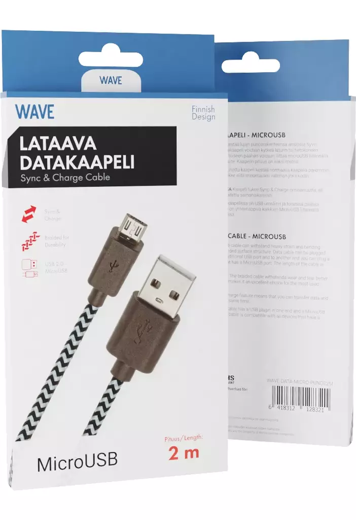 WAVE PUNOTTU MICROUSB-KAAPELI, 2M - Lataus- ja datakaapelit - 6418312128321 - 1