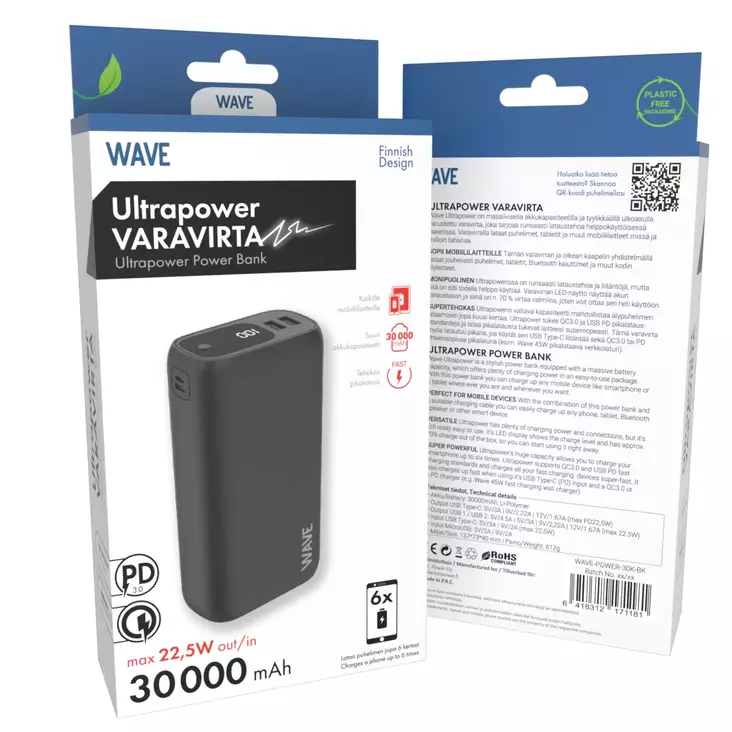 WAVE ULTRAPOWER LISÄVIRTA 30000 MAH - Varavirtalähteet - 6418312171181 - 1