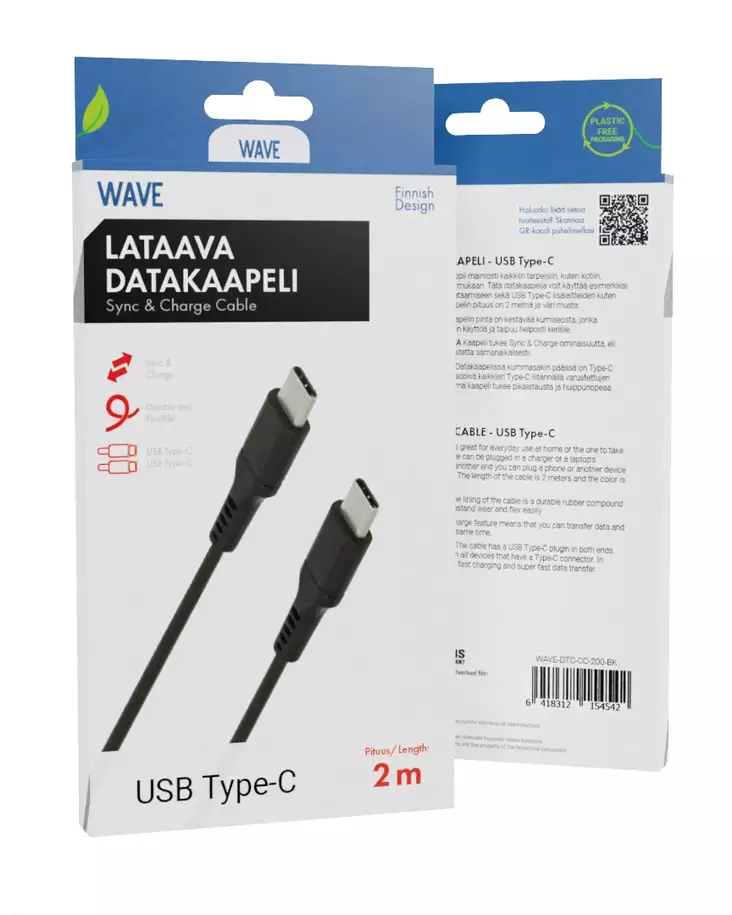 WAVE USB-C - USB-C KAAPELI, 2M, MUSTA - Lataus- ja datakaapelit - 6418312154542 - 1