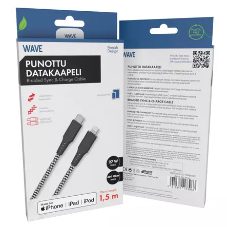 WAVE PUNOTTU LIGHTNING DATAKAAPELI 1.5M - Lataus- ja datakaapelit - 6418312173963 - 1