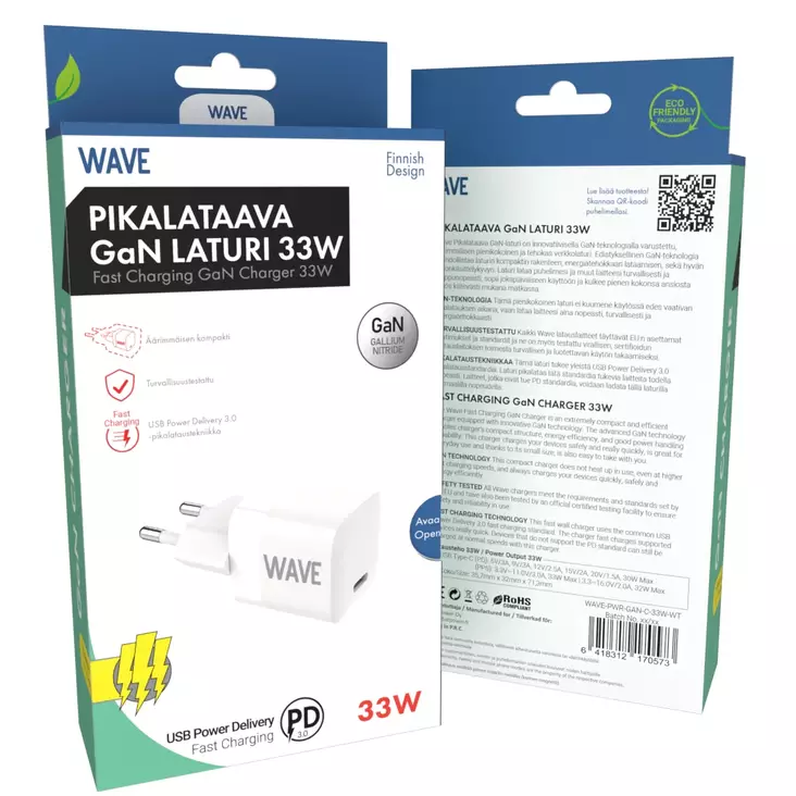 WAVE 33W GAN PIKAVERKKOLATURI, 1 X USB-C - Verkkolaturit - 6418312170573 - 1