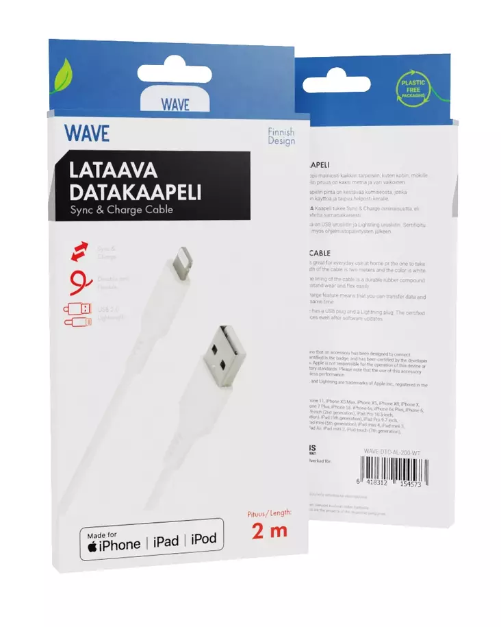 WAVE APPLE LIGHTNING KAAPELI, 2M, MFI - Lataus- ja datakaapelit - 6418312154573 - 1