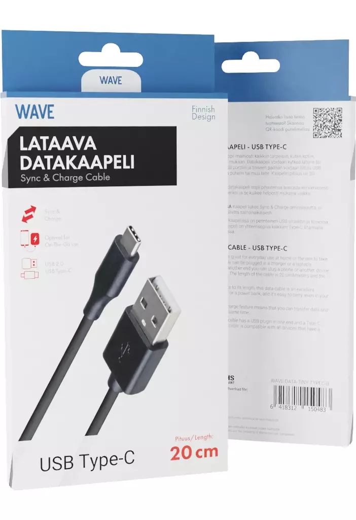 WAVE LATAAVA USB-C-DATAKAAPELI 20CM - Lataus- ja datakaapelit - 6418312150483 - 1