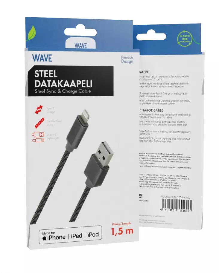 WAVE METALLIPUNOTTU LIGHTNING-KAAPELI - Lataus- ja datakaapelit - 6418312154603 - 1