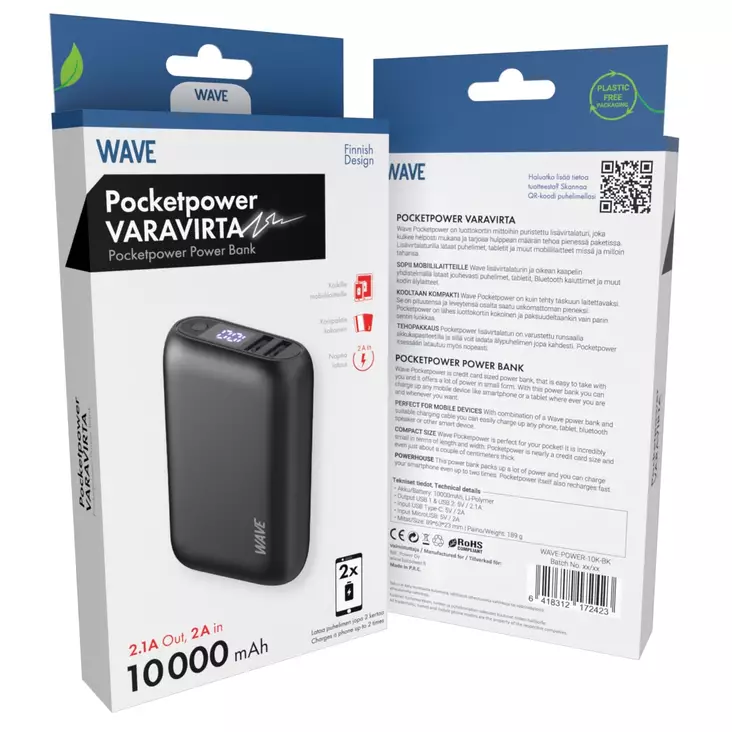 WAVE POCKETPOWER LISÄVIRTALAITE 10000MAH - Varavirtalähteet - 6418312172423 - 1