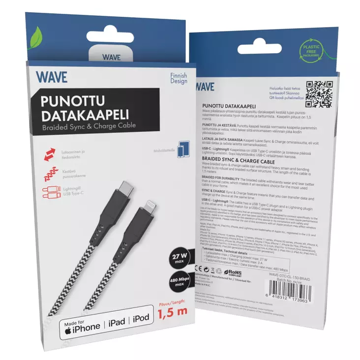 WAVE PUNOTTU LIGHTNING DATAKAAPELI 1.5M - Lataus- ja datakaapelit - 6418312173963 - 1