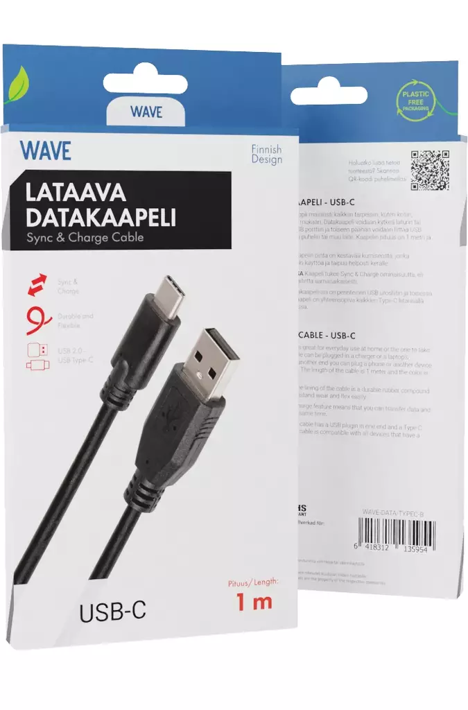 WAVE LATAAVA DATAKAAPELI USB-C 1M - Lataus- ja datakaapelit - 6418312135954 - 1
