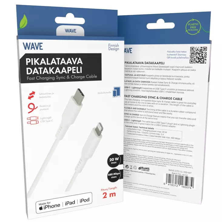 WAVE PIKALATAAVA USB-C - LIGHTNING 2M - Lataus- ja datakaapelit - 6418312165074 - 1