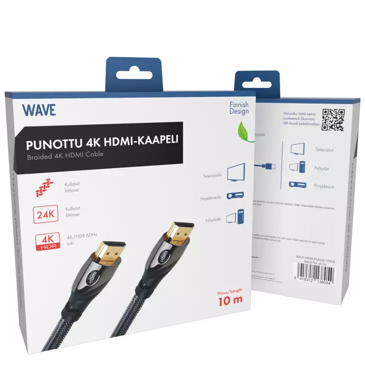 WAVE PUNOTTU HDMI-KAAPELI 10M, MUSTA - Näyttökaapelit - 6418312138054 - 1