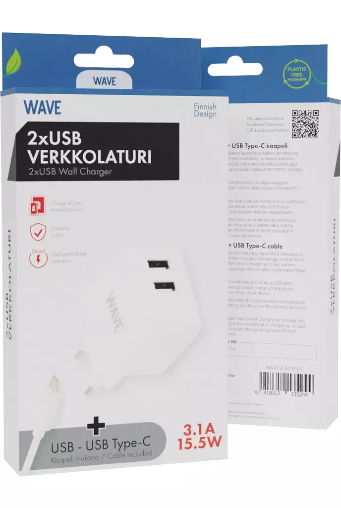 WAVE VERKKOLATURI 2X USB, USB-C-KAAPELI - Verkkolaturit - 6418312135244 - 1