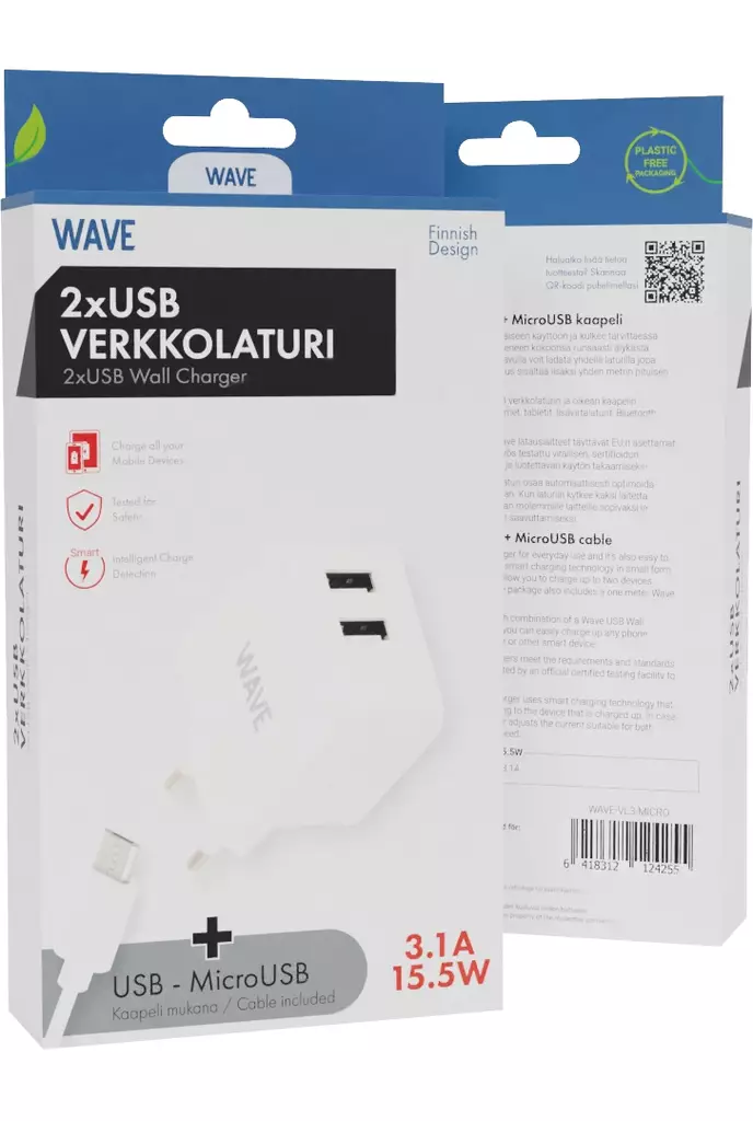 WAVE MICROUSB-VERKKOLATURI 3.1A, 1M - Verkkolaturit - 6418312124255 - 1
