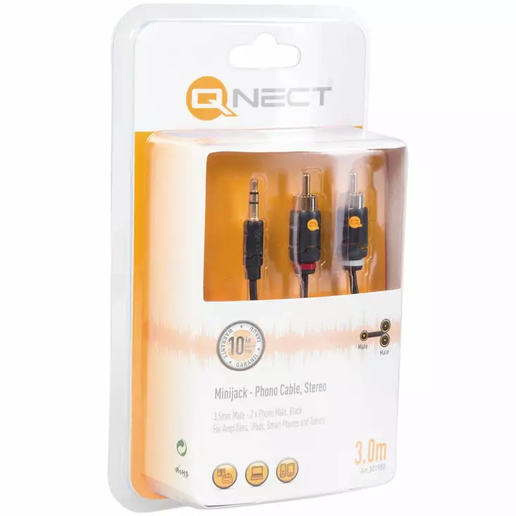 QNECT 3.5MM UROS - 2X RCA UROS KAAPELI - Äänikaapelit - 5706470019126 - 1