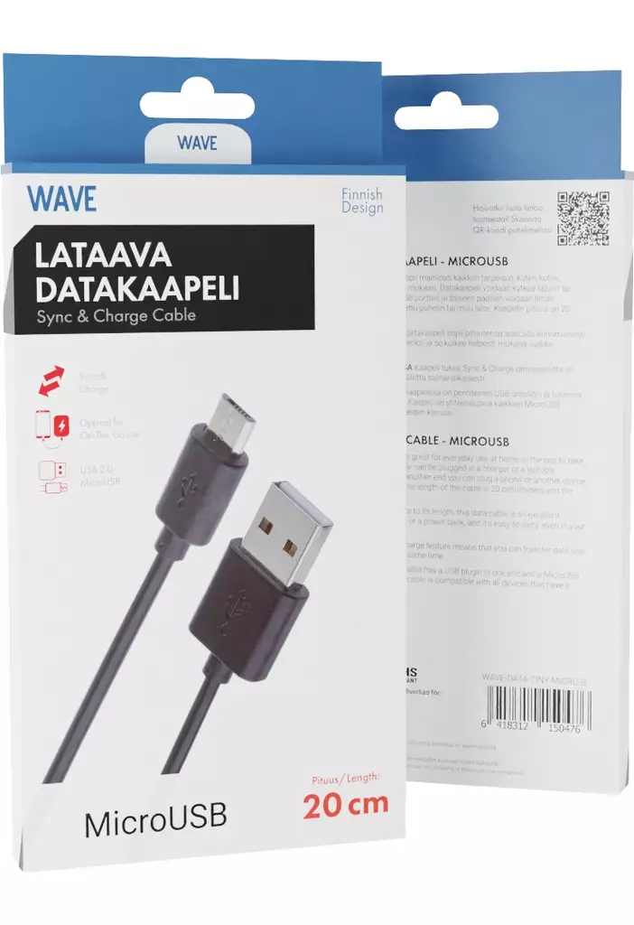 WAVE LATAAVA MICROUSB-DATAKAAPELI 20CM - Lataus- ja datakaapelit - 6418312150476 - 1