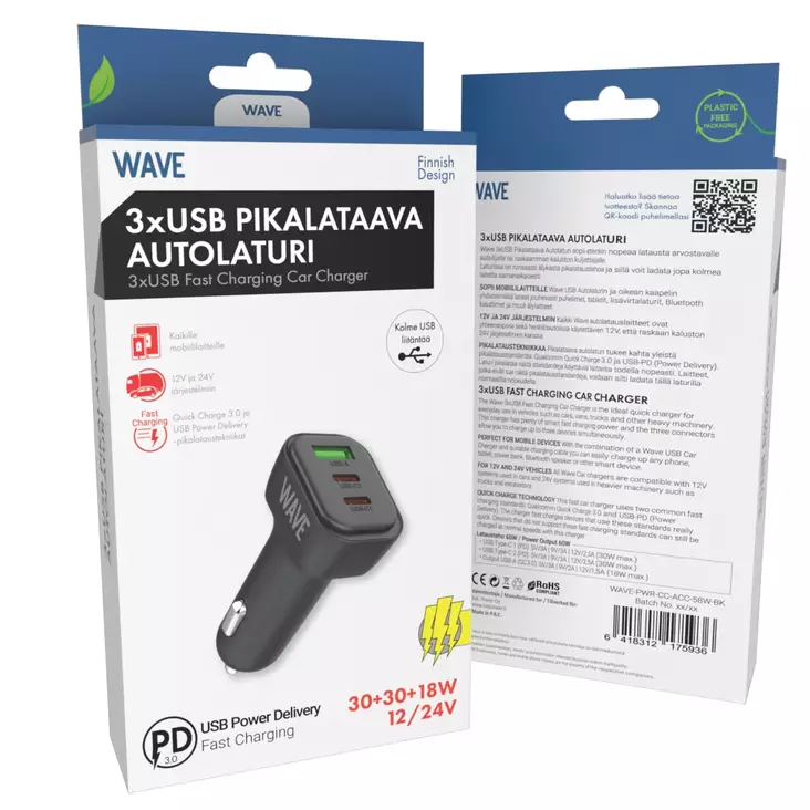 WAVE 60W PIKALATAAVA AUTOLATURI 3 X USB - Autolaturit - 6418312175936 - 1