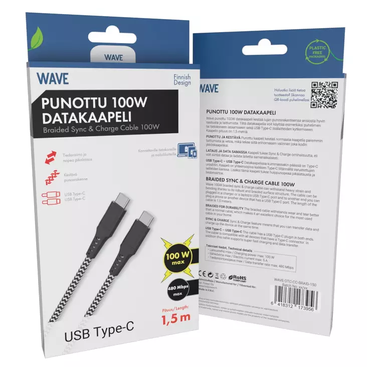 WAVE PIKALATAAVA USB-C DATAKAAPELI 100W - Lataus- ja datakaapelit - 6418312173956 - 1