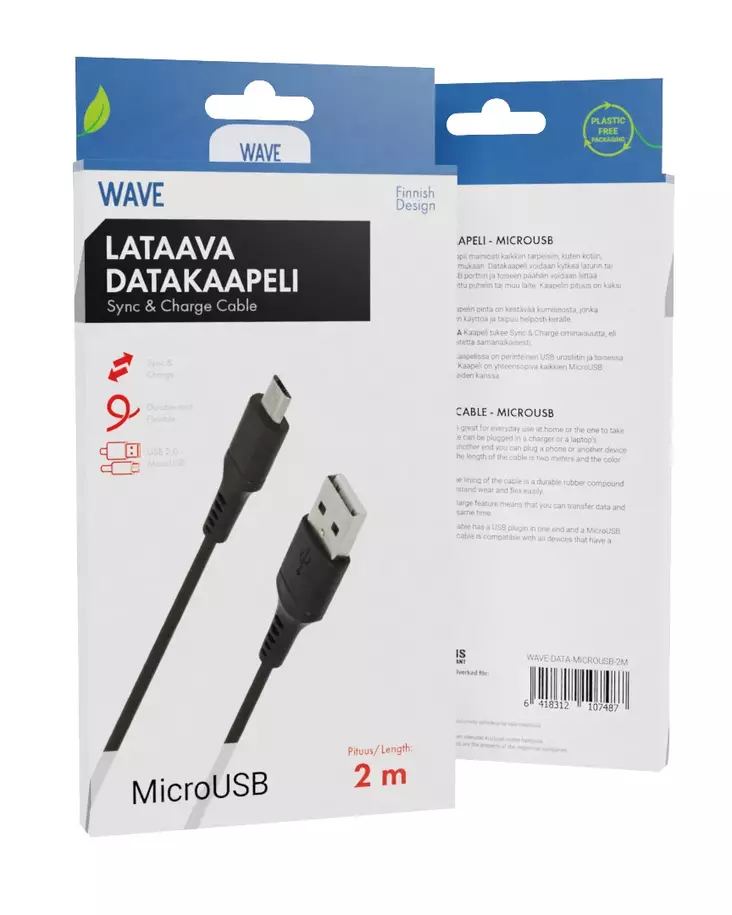 WAVE LATAAVA MICROUSB-KAAPELI, 2M - Lataus- ja datakaapelit - 6418312107487 - 1