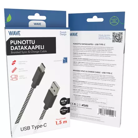 WAVE PUNOTTU DATAKAAPELI USB-C 1.5M - Lataus- ja datakaapelit - 6418312154498 - 1
