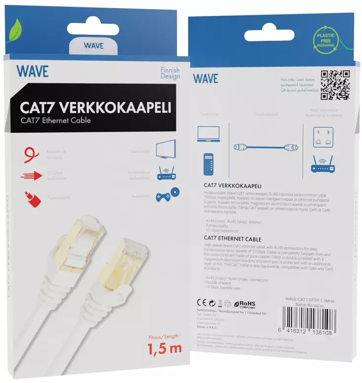 WAVE CAT7 VERKKOKAAPELI 10GBIT 1.5M - Verkkokaapelit - 6418312138108 - 1