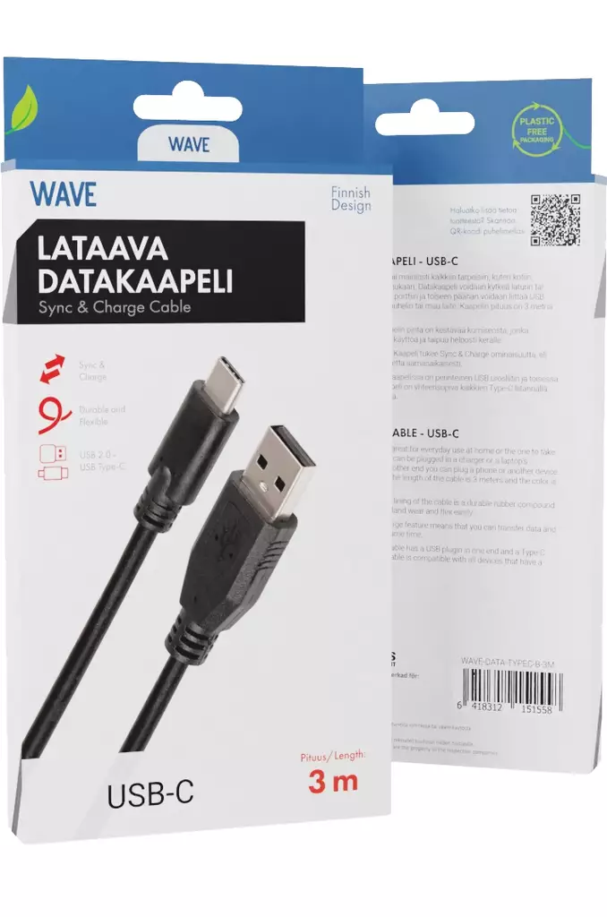 WAVE LATAAVA USB-C-DATAKAAPELI, 3M - Lataus- ja datakaapelit - 6418312151558 - 1