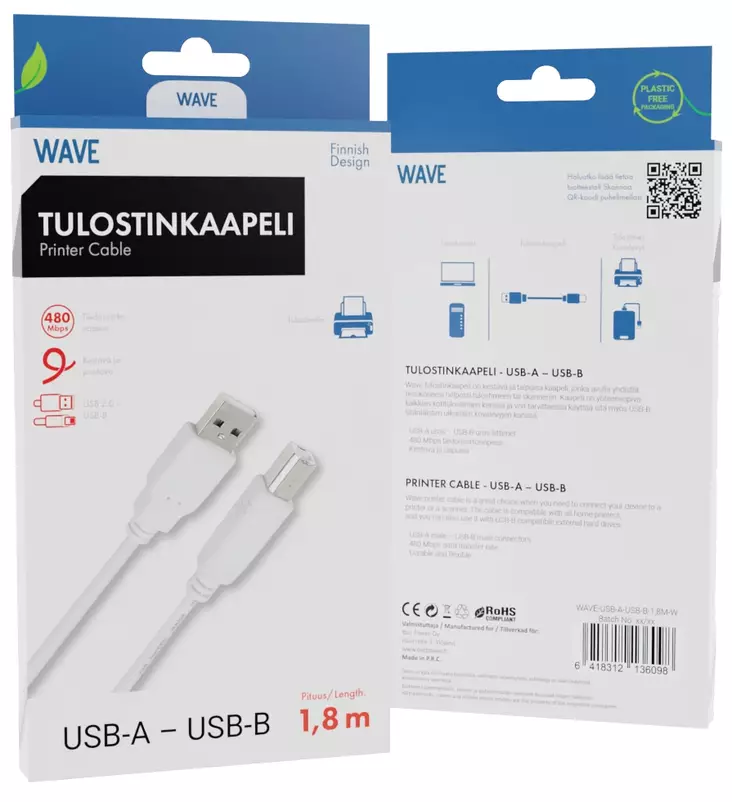 WAVE TULOSTINKAAPELI 1.8M, VALKOINEN - Oheislaitekaapelit - 6418312136098 - 1