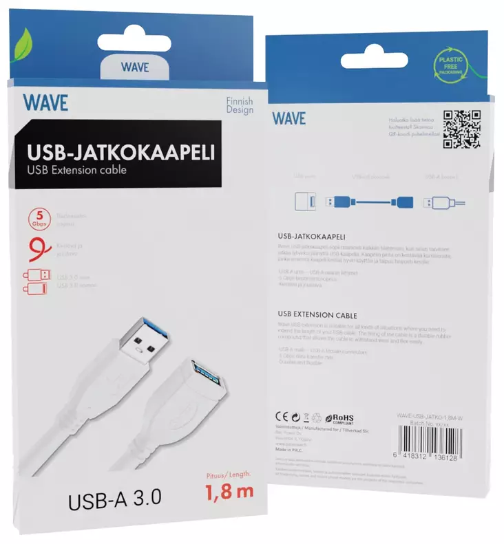 WAVE USB-JATKOKAAPELI 1.8M, VALKOINEN - Oheislaitekaapelit - 6418312136128 - 1