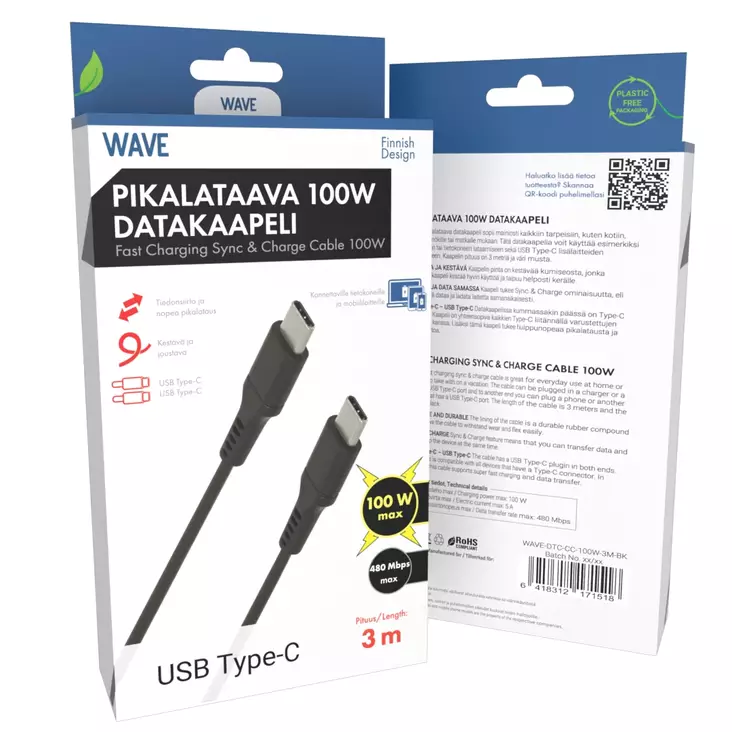 WAVE PIKALATAAVA USB-C DATAKAAPELI 100W - Lataus- ja datakaapelit - 6418312171518 - 1