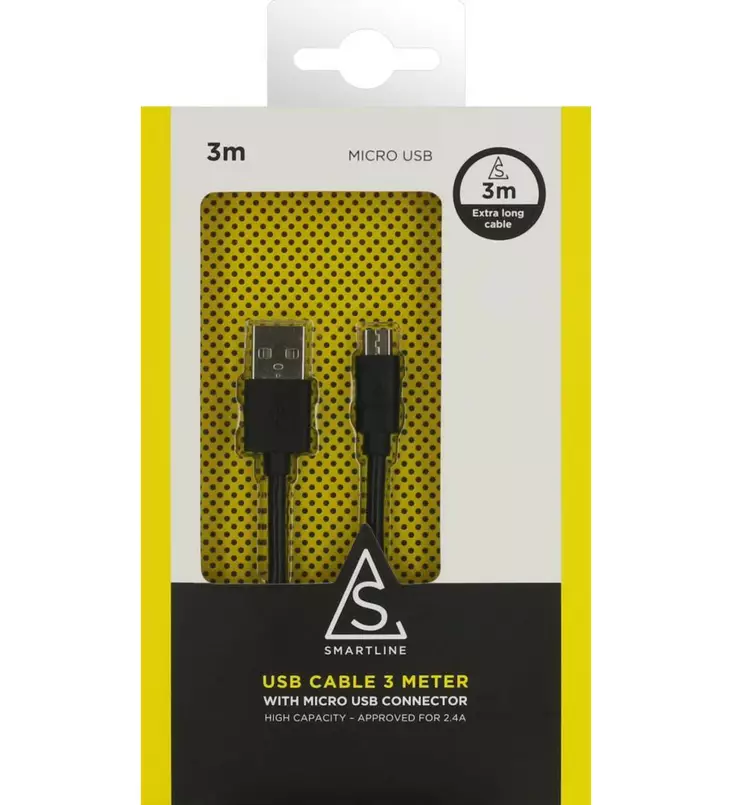 SMARTLINE MICROUSB-KAAPELI 3M MUSTA - Lataus- ja datakaapelit - 7330985122699 - 1
