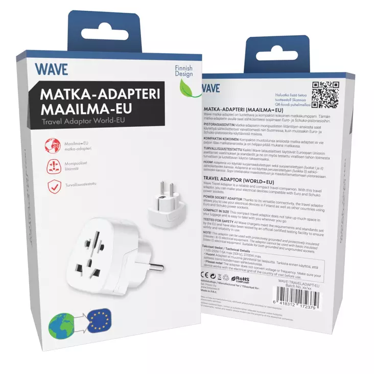 WAVE MATKA-ADAPTERI MAAILMA-EU - Virta- ja matka-adapterit - 6418312172379 - 1
