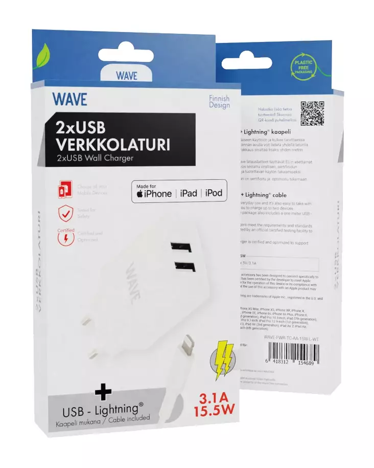 WAVE VERKKOLATURI, 2X USB + LIGHTNING 1M - Verkkolaturit - 6418312154689 - 1